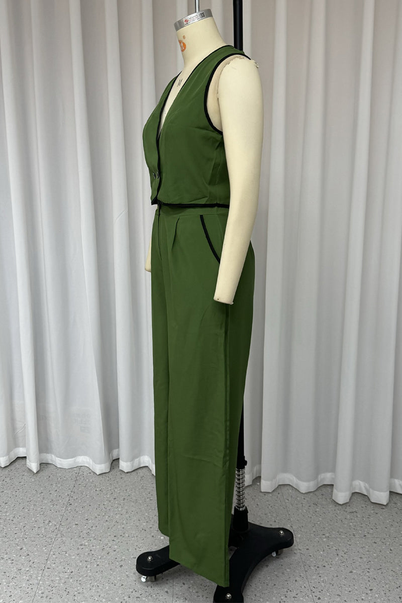 Street Pocket Buttons Contrast V Neck Sleeveless Two Pieces