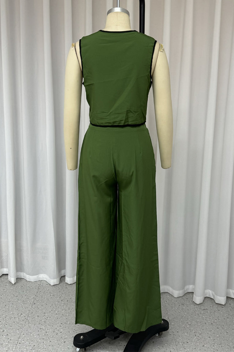 Street Pocket Buttons Contrast V Neck Sleeveless Two Pieces