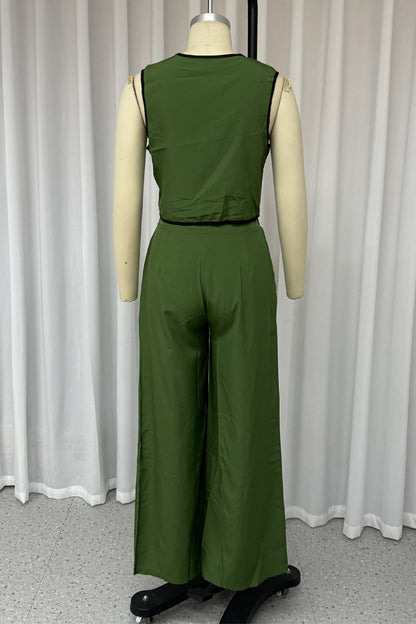 Street Pocket Buttons Contrast V Neck Sleeveless Two Pieces