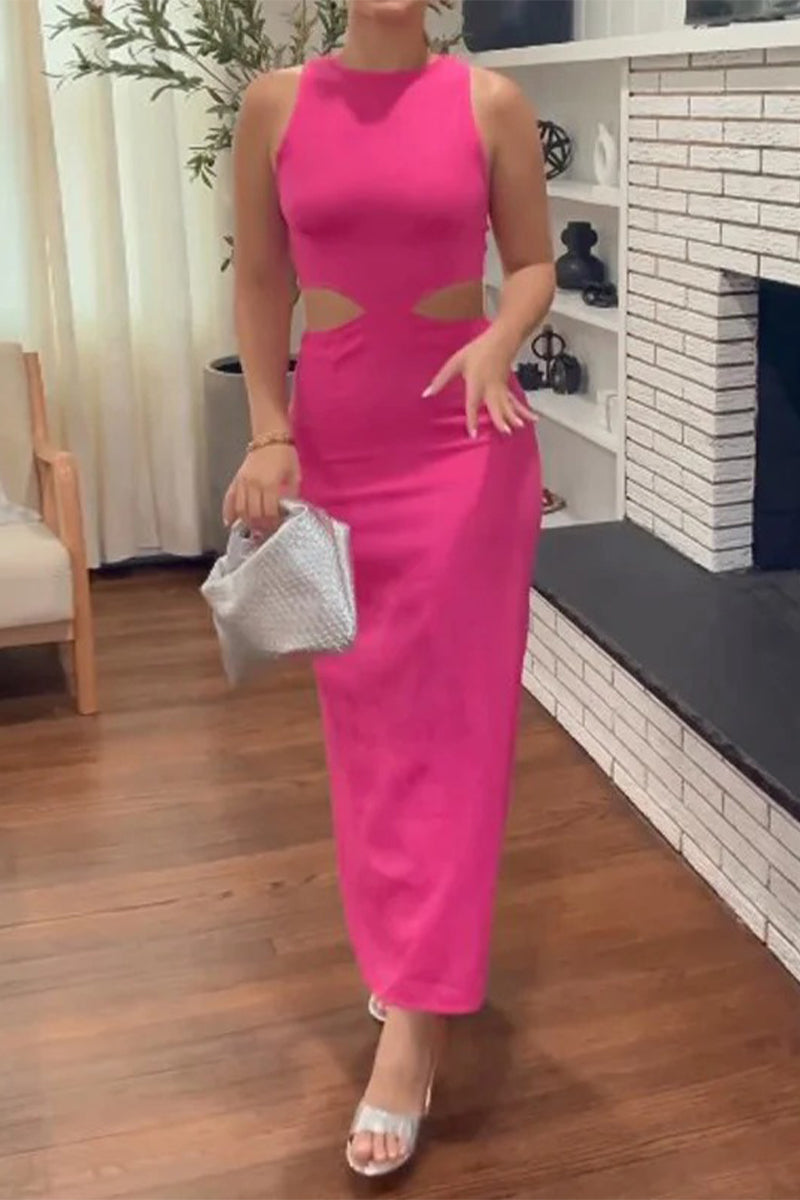 Color Hollow Out Backless Strap Design O Neck One Step Skirt Dresses