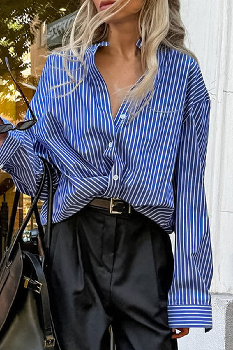 Street Striped Print Buttons Turndown Collar Blouses