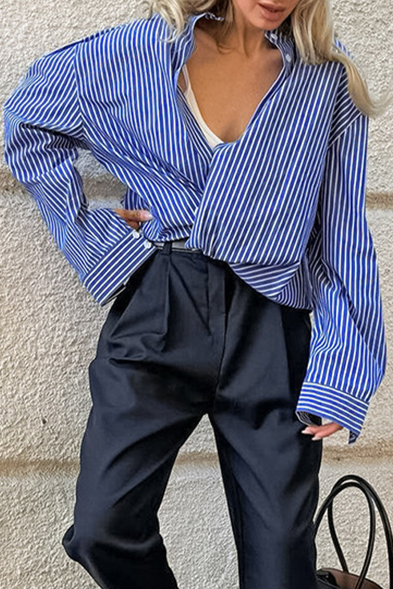 Street Striped Print Buttons Turndown Collar Blouses