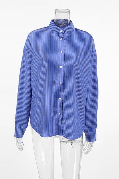 Street Striped Print Buttons Turndown Collar Blouses