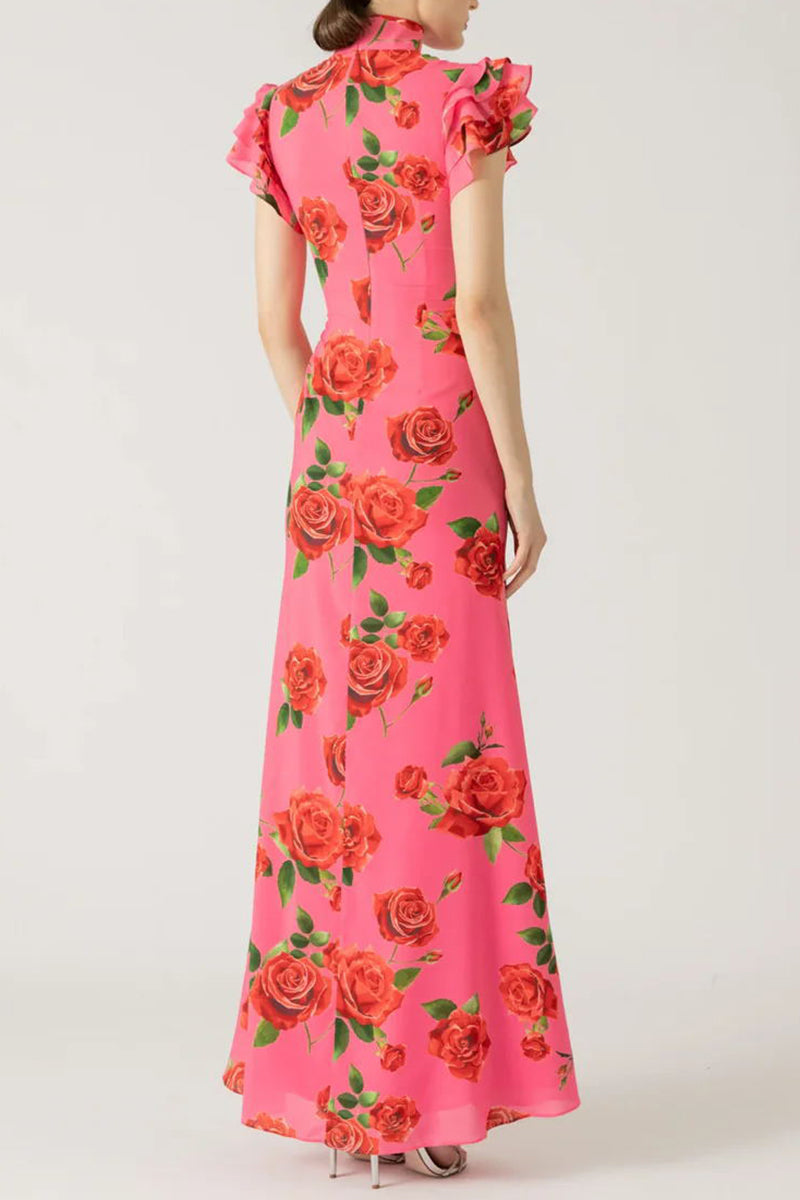 Daily Flowers Buttons Ruffle Mandarin Collar One Step Skirt Dresses