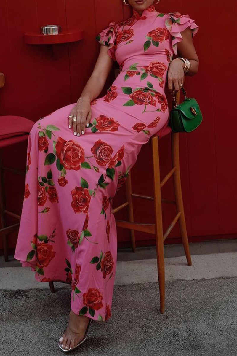 Daily Flowers Buttons Ruffle Mandarin Collar One Step Skirt Dresses