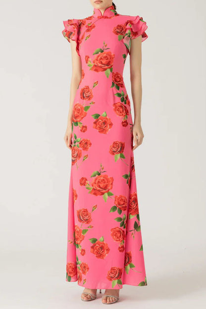 Daily Flowers Buttons Ruffle Mandarin Collar One Step Skirt Dresses