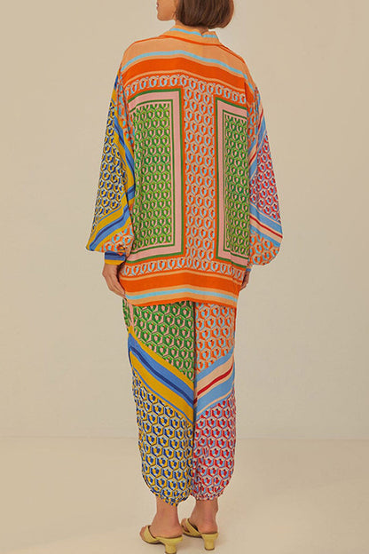 Street Geometric Print Pocket Patchwork Contrast Turndown Collar Long Sleeve Two Pieces