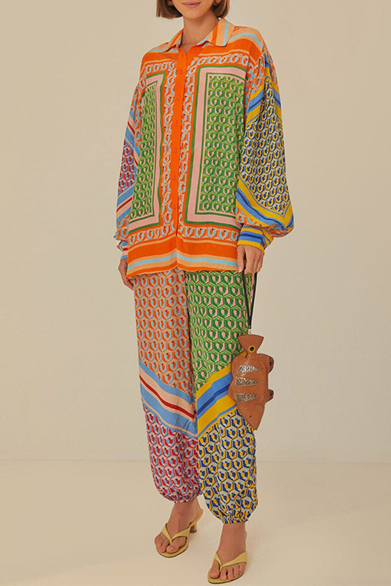Street Geometric Print Pocket Patchwork Contrast Turndown Collar Long Sleeve Two Pieces