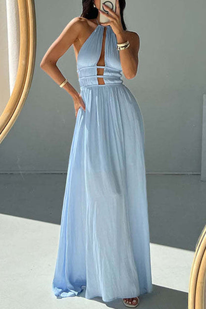 Vacation Hollow Out Backless Halter Long Dresses