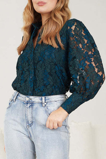 Color Lace Hollow Out Turndown Collar Blouses