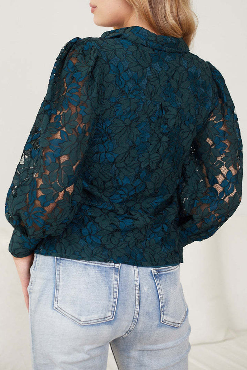 Color Lace Hollow Out Turndown Collar Blouses