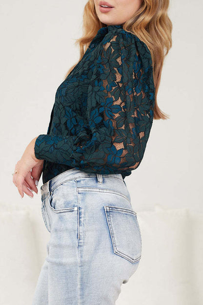 Color Lace Hollow Out Turndown Collar Blouses