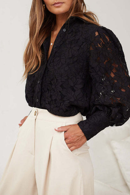 Color Lace Hollow Out Turndown Collar Blouses