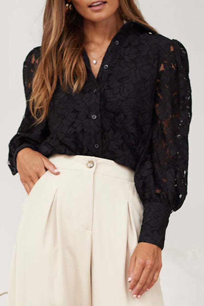 Color Lace Hollow Out Turndown Collar Blouses