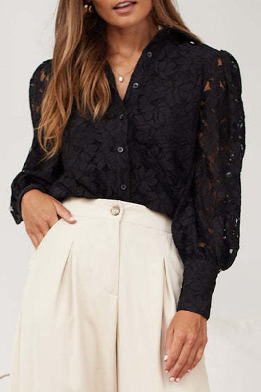 Color Lace Hollow Out Turndown Collar Blouses