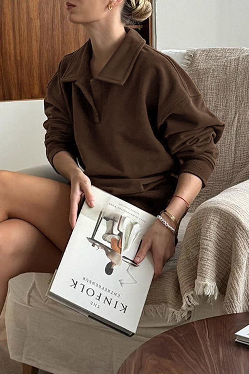 Daily Fluffy Turndown Collar Long Sleeve Two Pieces