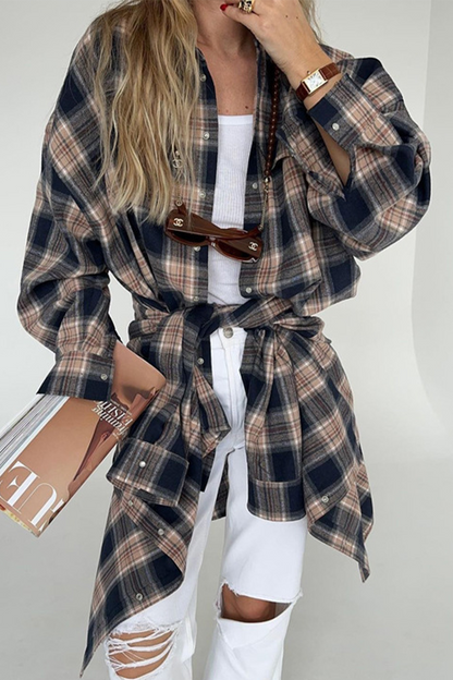 Plaid Pocket Buttons Contrast Turndown Collar Blouses