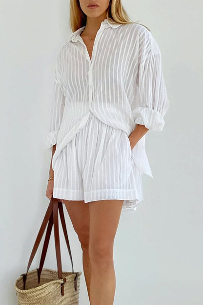 Pocket See-through Texture Turndown Collar Long Sleeve Two Pieces