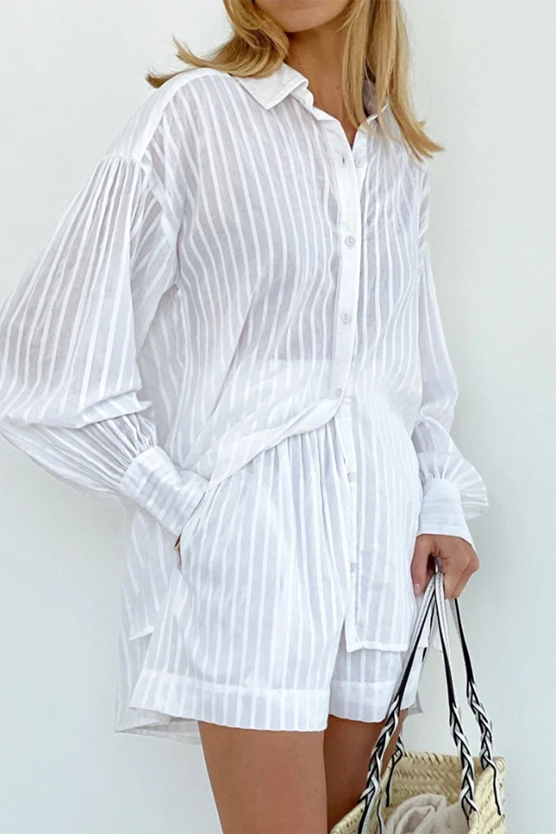 Pocket See-through Texture Turndown Collar Long Sleeve Two Pieces