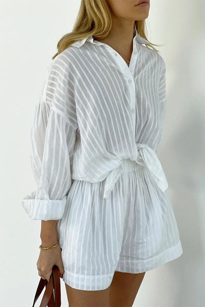 Pocket See-through Texture Turndown Collar Long Sleeve Two Pieces