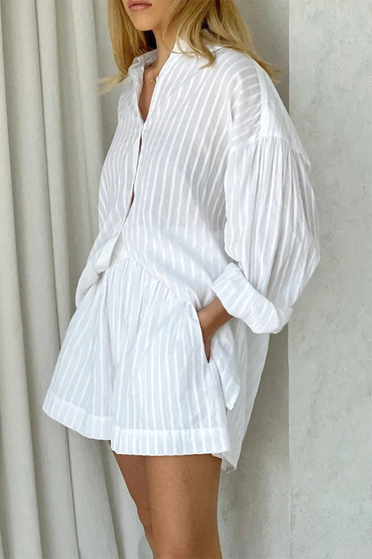 Pocket See-through Texture Turndown Collar Long Sleeve Two Pieces