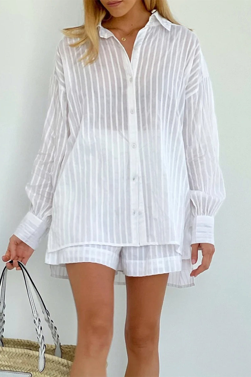 Pocket See-through Texture Turndown Collar Long Sleeve Two Pieces