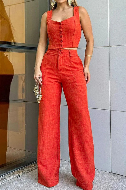 Daily Buttons Square Neck Sleeveless Two Pieces