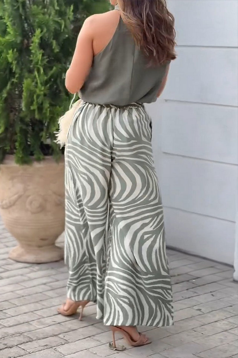 Geometric Print Striped Print Ruched Halter Sleeveless Two Pieces