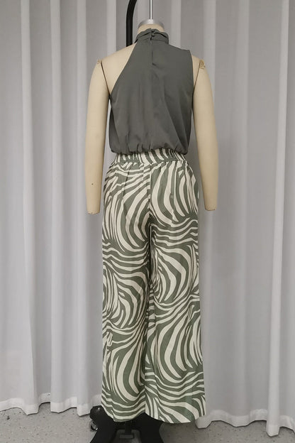 Geometric Print Striped Print Ruched Halter Sleeveless Two Pieces