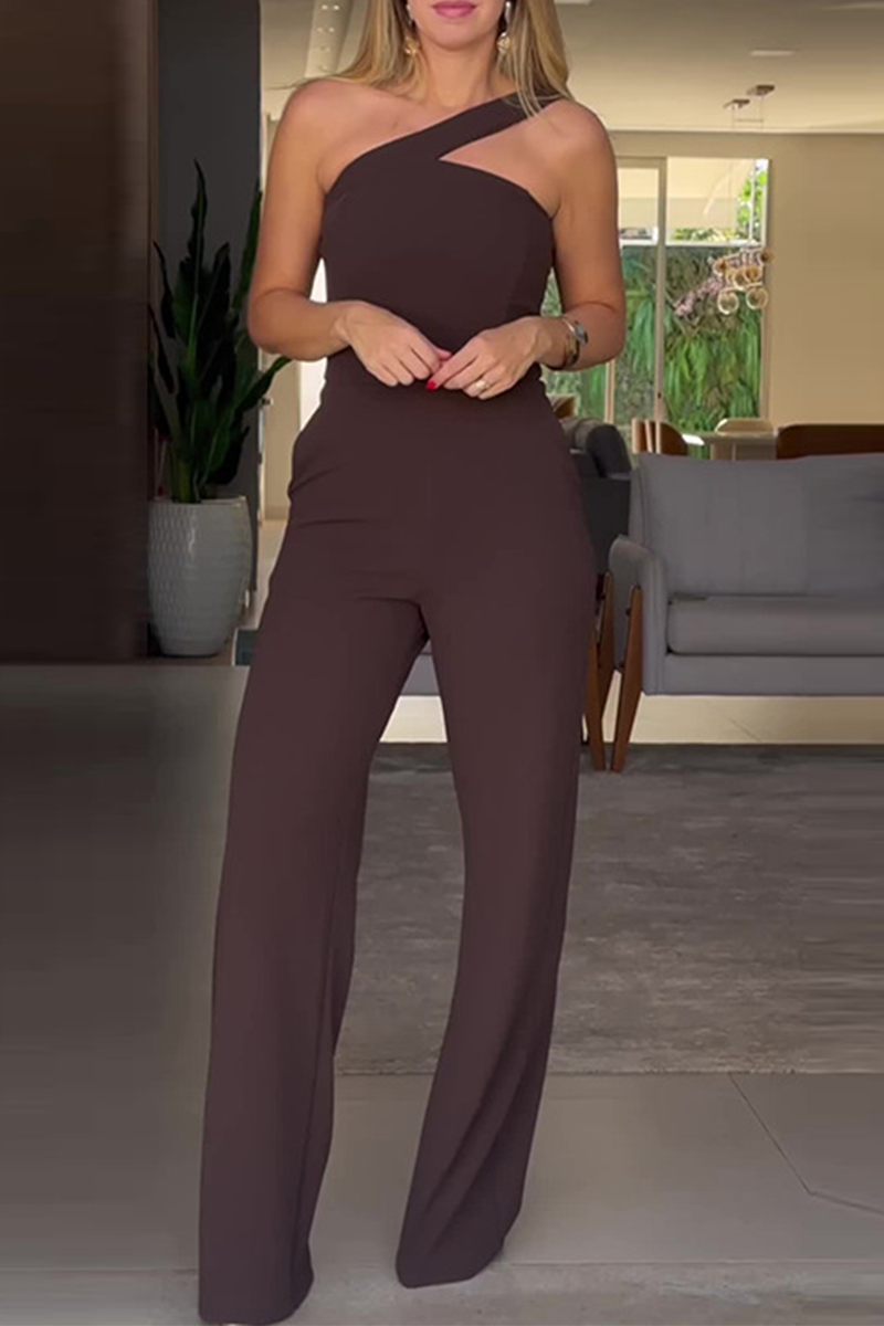 Street Color Irregular Oblique Collar Regular Jumpsuits