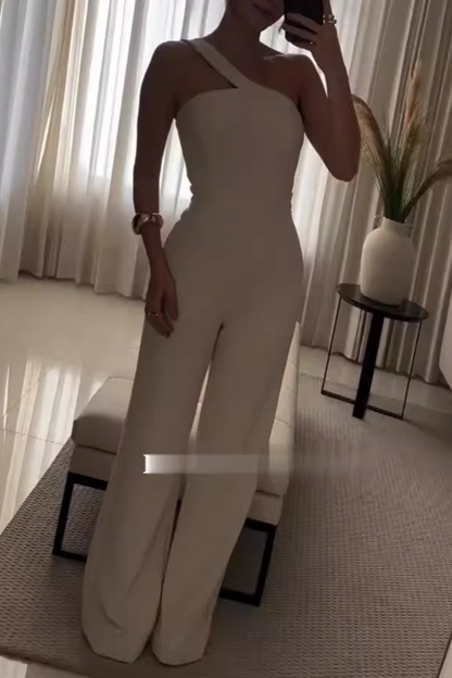 Street Color Irregular Oblique Collar Regular Jumpsuits