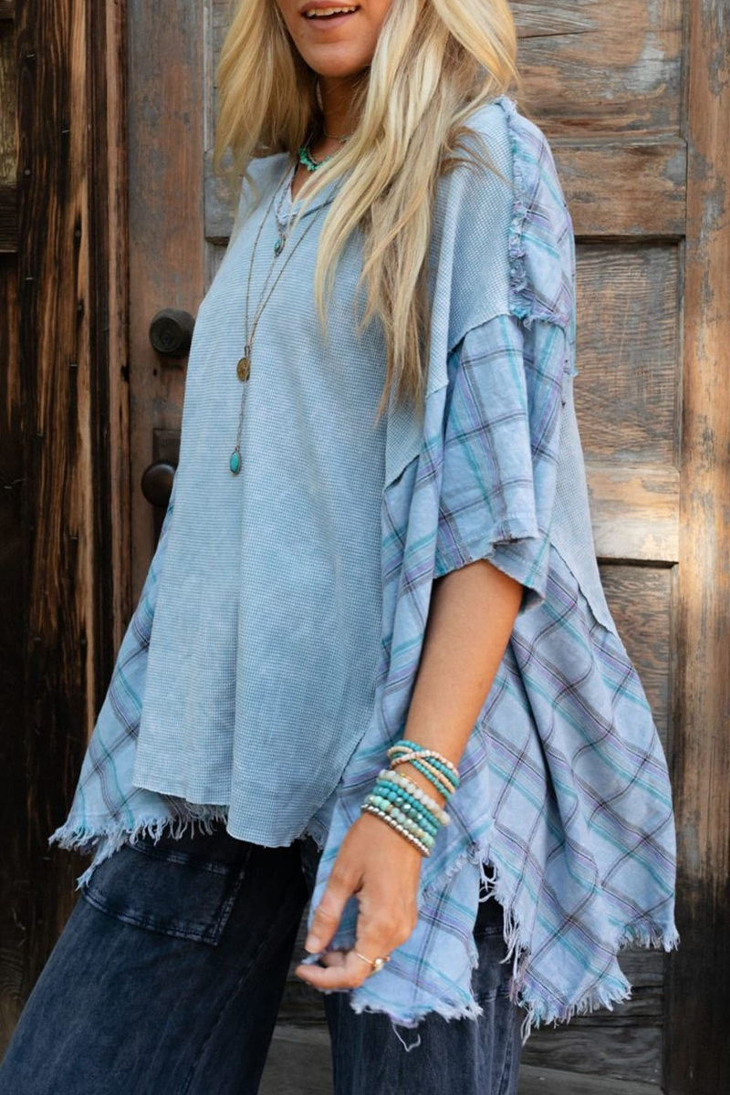 Plaid Distressed Patchwork Contrast V Neck T-shirts