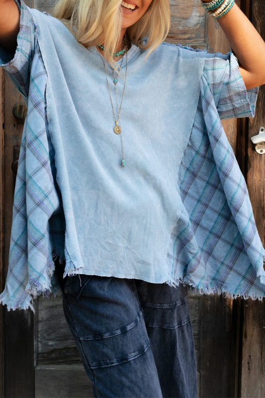 Plaid Distressed Patchwork Contrast V Neck T-shirts