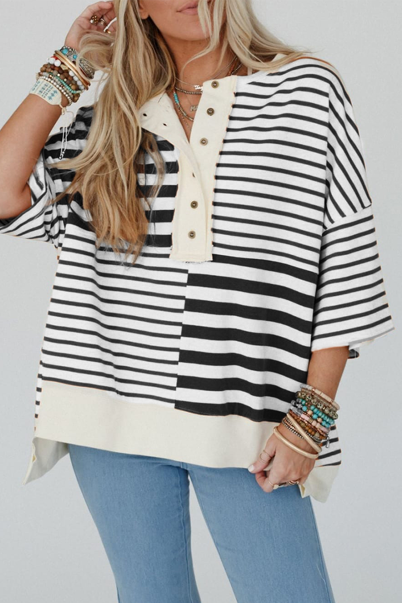Stripe Buttons Patchwork Contrast O Neck T-shirts