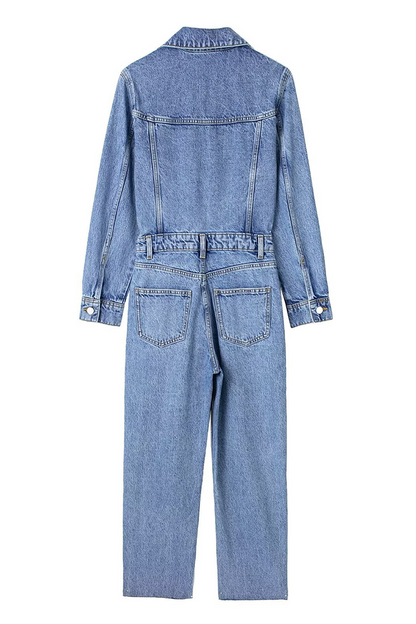 Street Color Pocket Buttons Turndown Collar Long Sleeve Loose Denim Jumpsuits