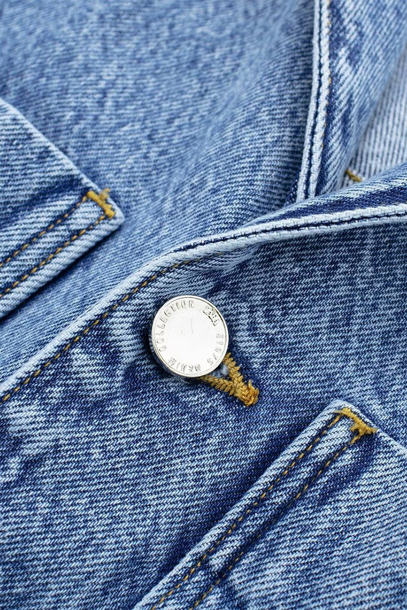 Street Color Pocket Buttons Turndown Collar Long Sleeve Loose Denim Jumpsuits