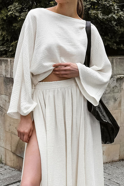 Slit Ruched O Neck Long Sleeve Two Pieces