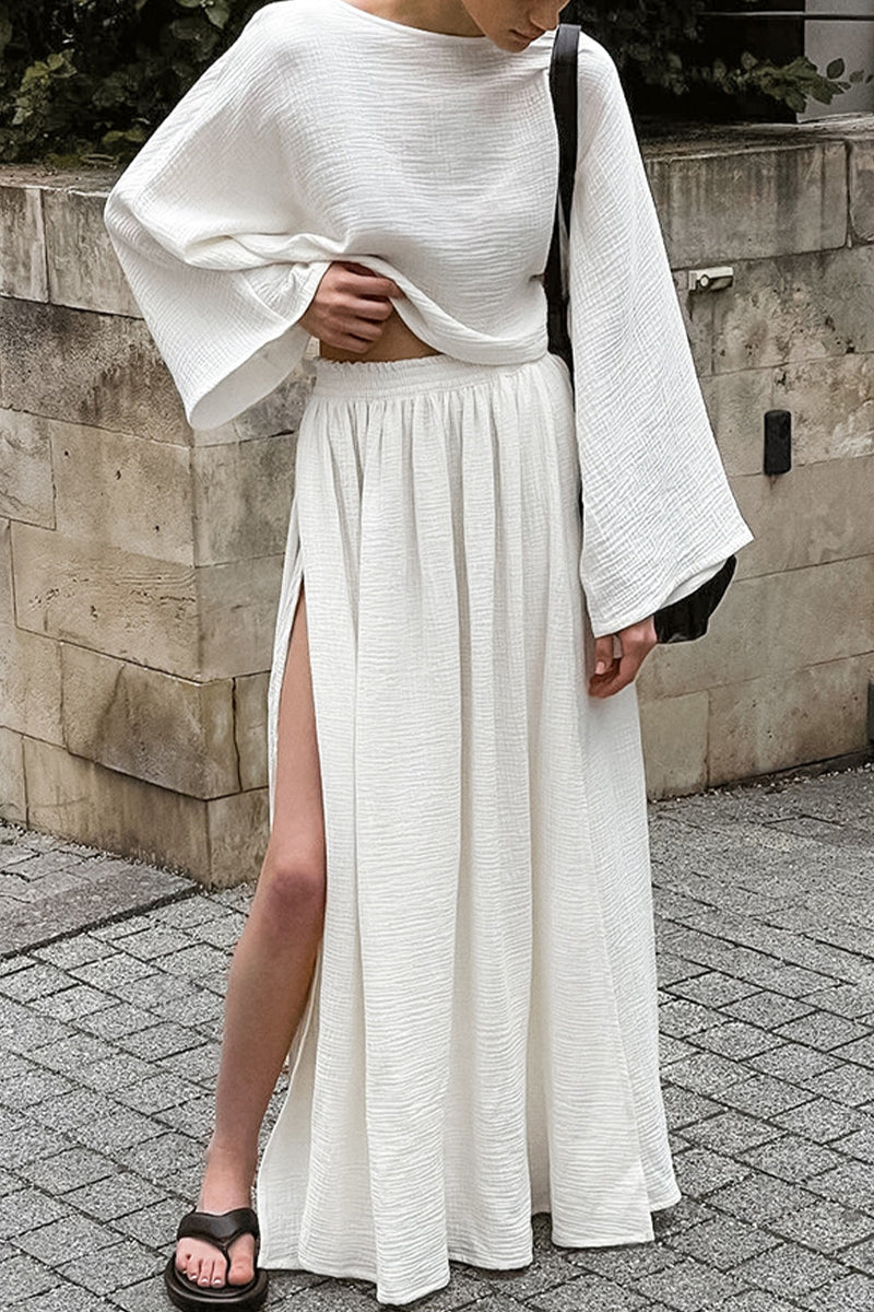 Slit Ruched O Neck Long Sleeve Two Pieces