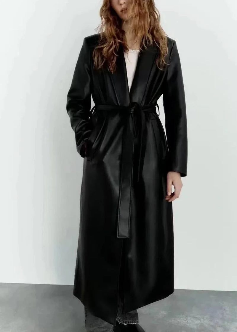 Black Belted Long Leather Wind Coat for
