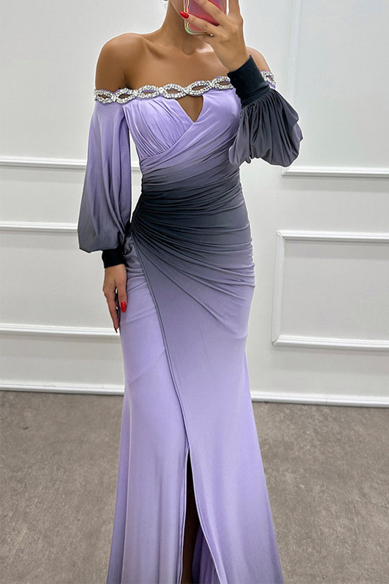 Prom Gradient Print Slit Ruched Contrast Off Shoulder Long Dresses(7 Colors)