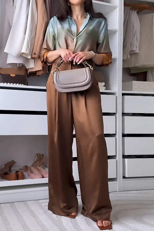 Street Gradient Color Pocket Contrast Turndown Collar Long Sleeve Two Pieces