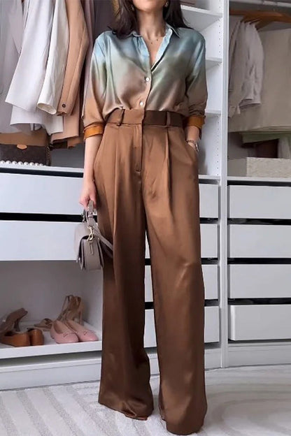Street Gradient Color Pocket Contrast Turndown Collar Long Sleeve Two Pieces