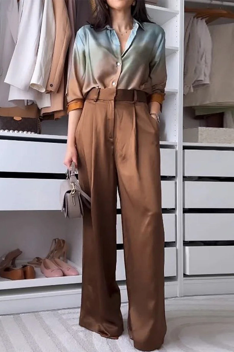 Street Gradient Color Pocket Contrast Turndown Collar Long Sleeve Two Pieces
