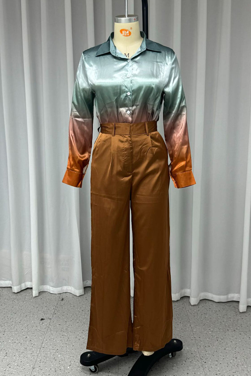 Street Gradient Color Pocket Contrast Turndown Collar Long Sleeve Two Pieces