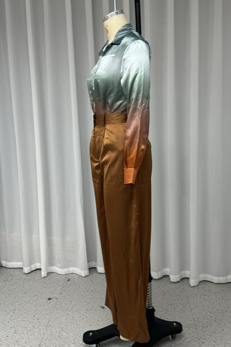 Street Gradient Color Pocket Contrast Turndown Collar Long Sleeve Two Pieces