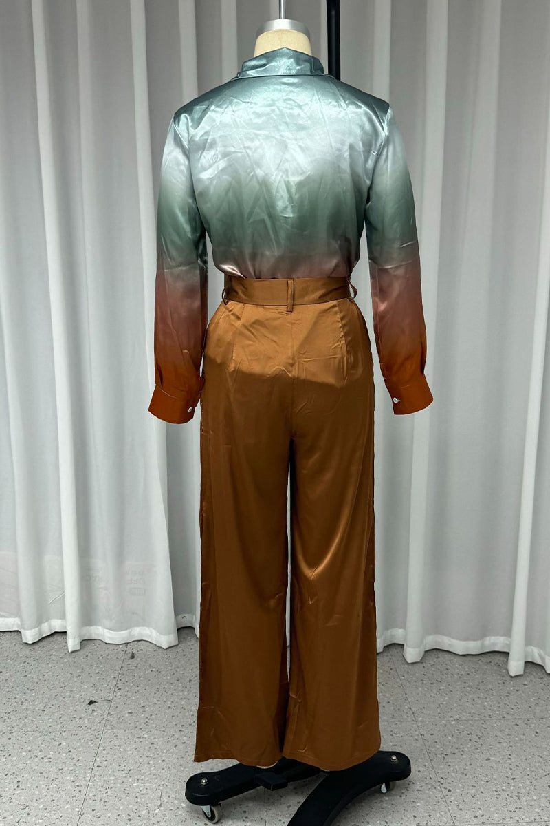 Street Gradient Color Pocket Contrast Turndown Collar Long Sleeve Two Pieces