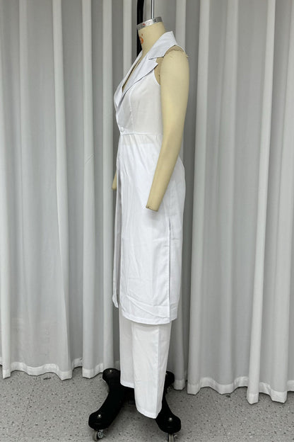 Daily Pocket Slit Turndown Collar Sleeveless Two Pieces