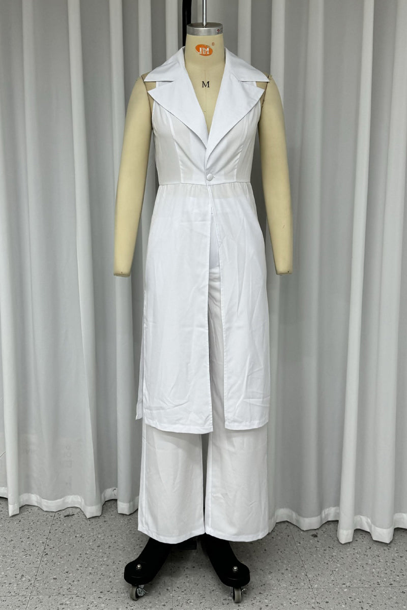 Daily Pocket Slit Turndown Collar Sleeveless Two Pieces