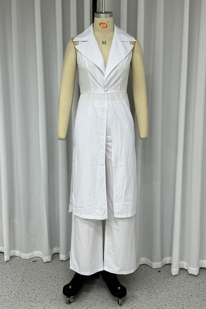 Daily Pocket Slit Turndown Collar Sleeveless Two Pieces