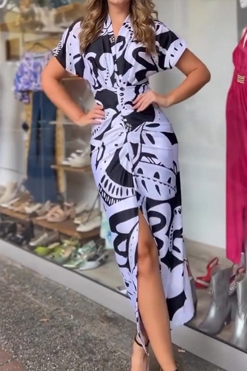 Street Geometric Print Slit V Neck One Step Skirt Dresses